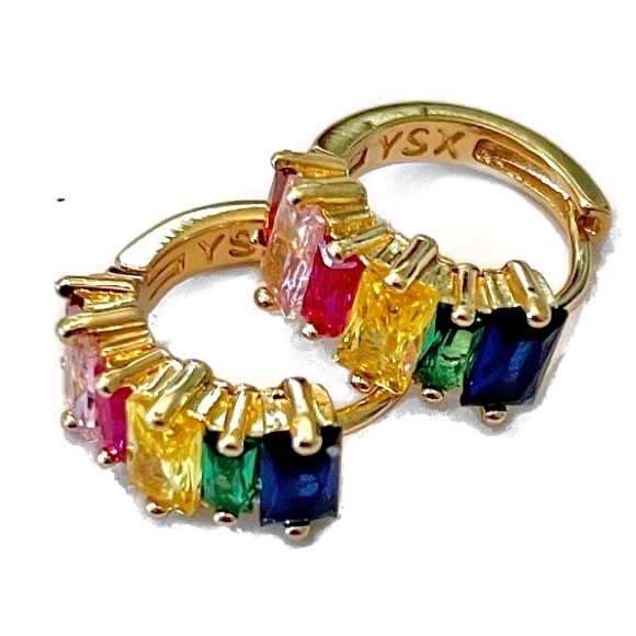 Mini Rainbow Crystal Huggie Hoops and Ear Cuff Set! - Picture 3 of 7